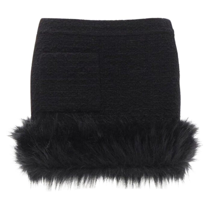 SAINT LAURENT 2022 black tweed faux fur trimmed mini skirt FR34 XS For Sale