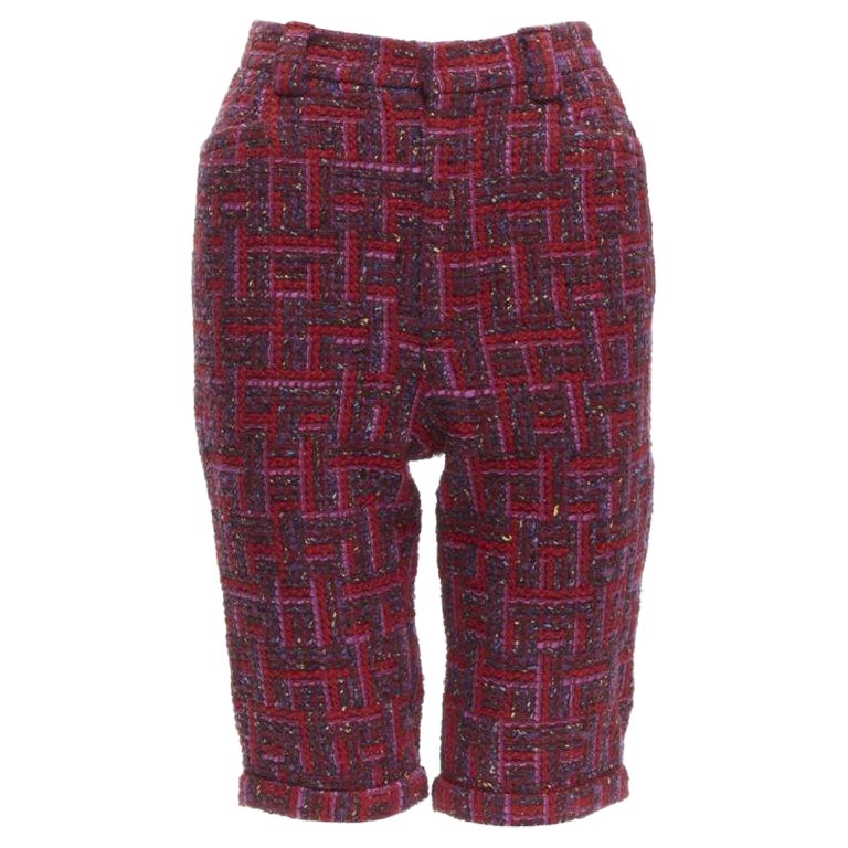 SAINT LAURENT 2021 pink red geometric tweed knee length shorts FR34 XS For Sale