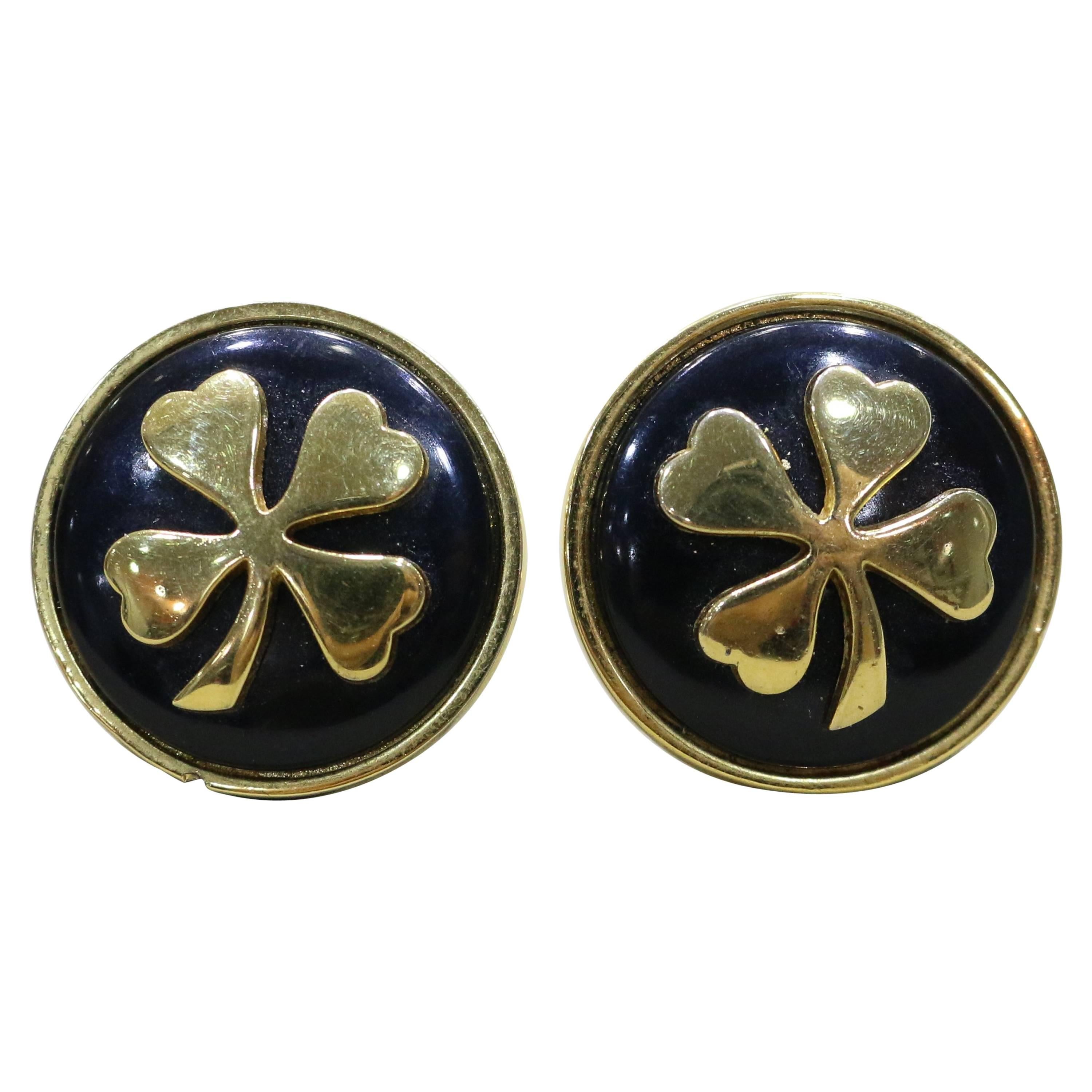 Chanel Black Gold Toned Clover Clip On Earrings