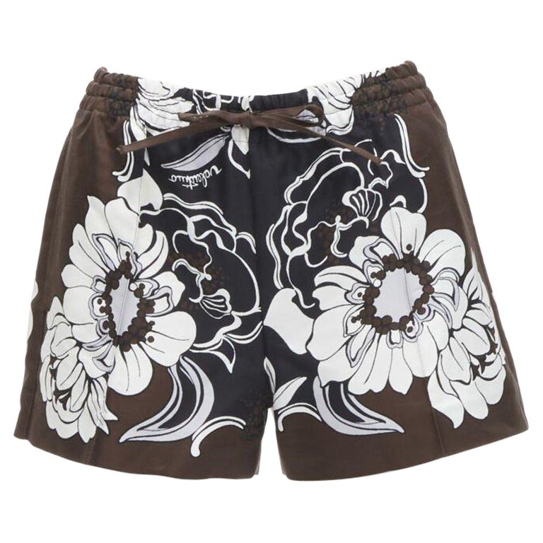 VALENTINO 2022 cotton silk brown black floral pleated drawstring shorts IT36 XS For Sale