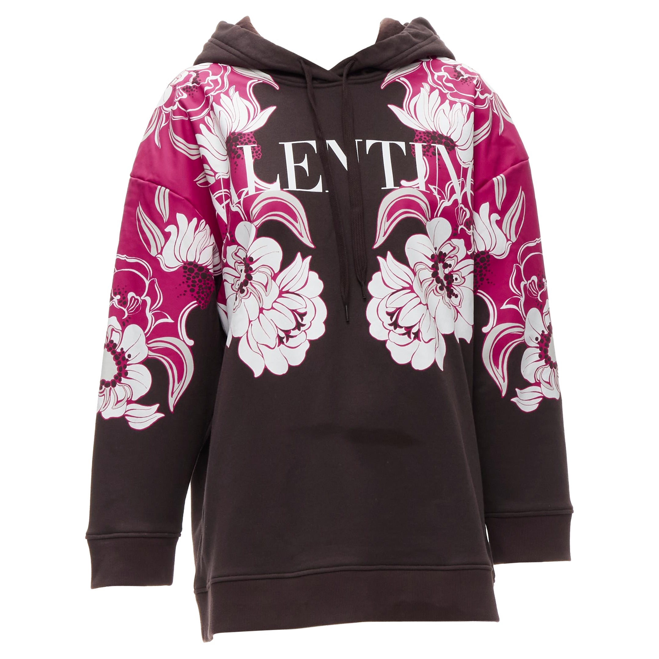 VALENTINO 2022 brown pink floral logo print cotton oversized hoodie S For Sale