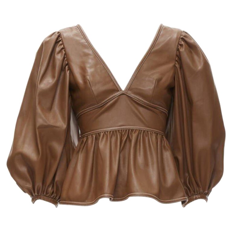 STAUD Luna tan brown vegan faux leather plunge neck puff sleeve top US0 XS
