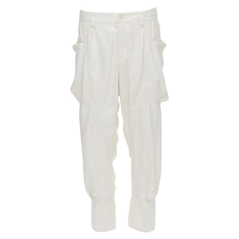 ISSEY MIYAKE white polyester cargo pocket dropped crotch parachute pants JP4 L For Sale