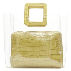 STAUD Shirley yellow stamped scaled leather zip pouch handle clear PVC tote bag