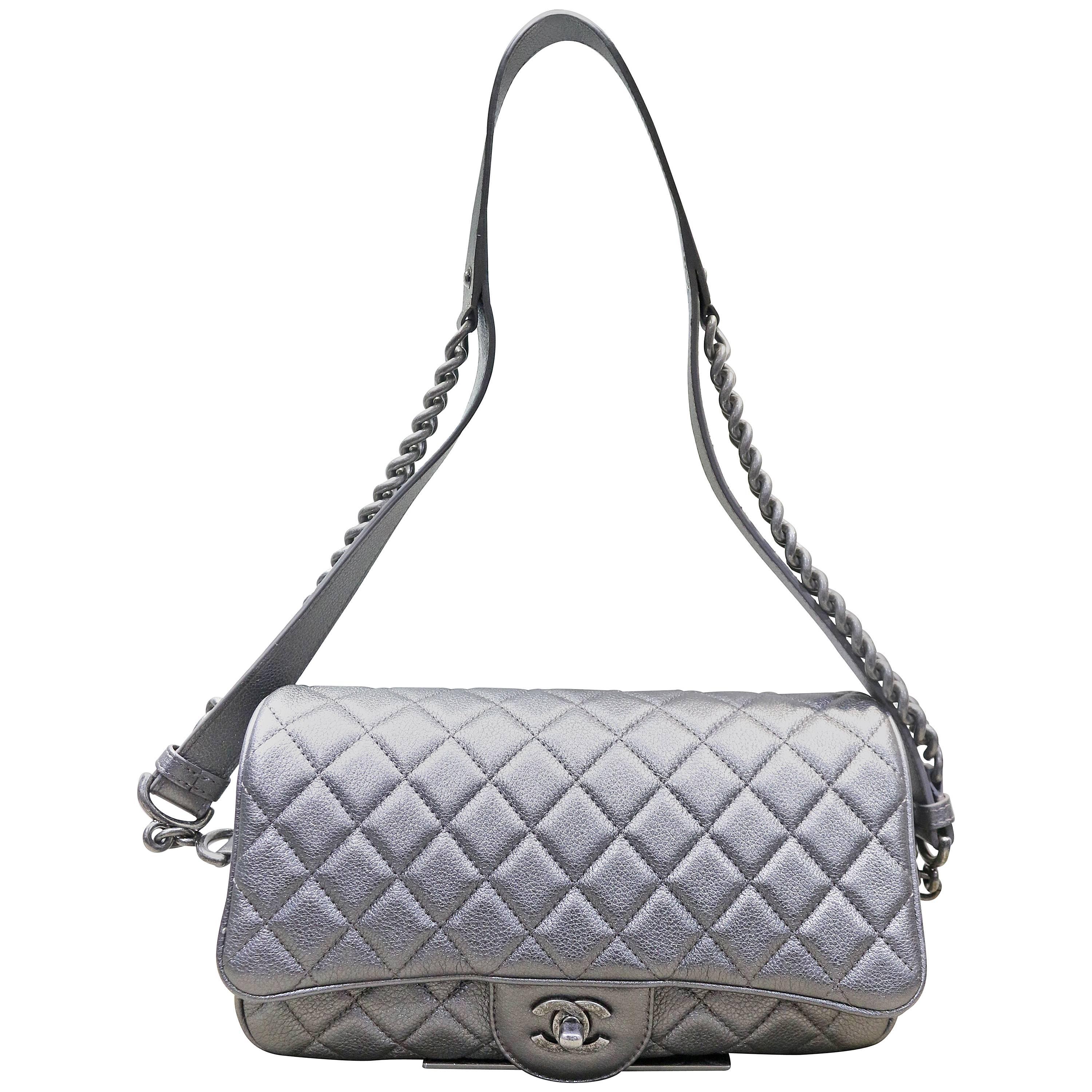 Chanel Grey Metallic Matelasse Quilted Leather Double Chain Shoulder Flap Bag