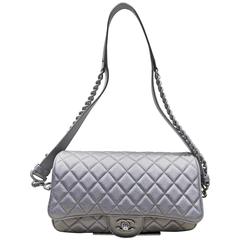 Chanel Grey Metallic Matelasse Quilted Leather Double Chain Shoulder Flap Bag