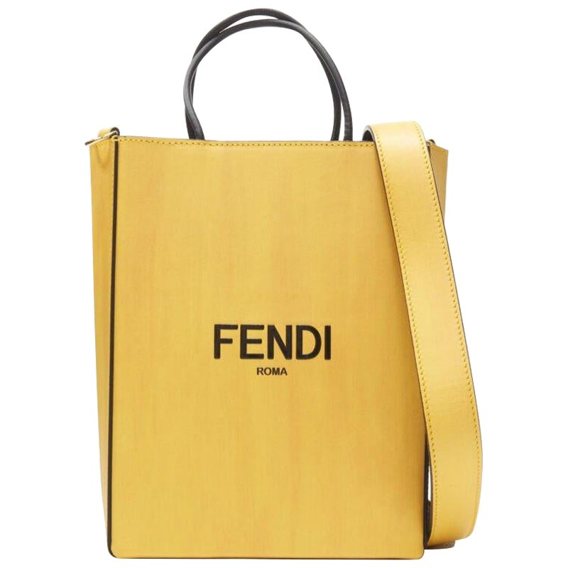 FENDI Pack Small Shopping yellow leather logo print crossbody tote bag For Sale