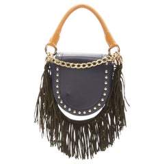 SACAI black leather gold studded fringe gold chain saddle bag