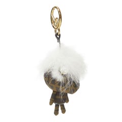 FENDI Space Monkey Zucca FF monogram white fur crystal keyring bag charm