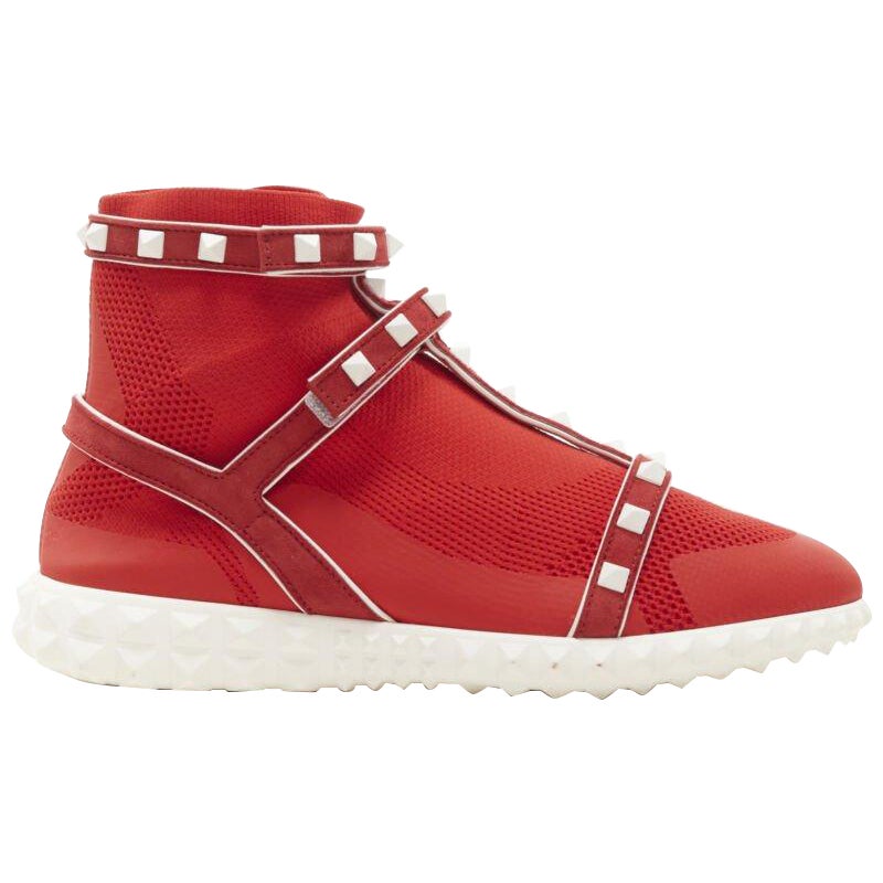 VALENTINO Free Rockstud Bodytech red sock knit white stud high top sneaker EU36