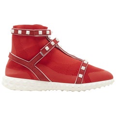 VALENTINO Free Rockstud Bodytech red sock knit white stud high top sneaker EU36