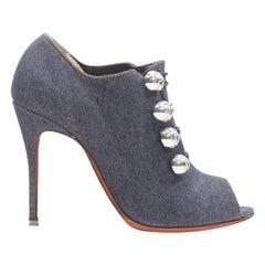 CHRISTIAN LOUBOUTIN dark denim silver military button peep toe bootie EU37