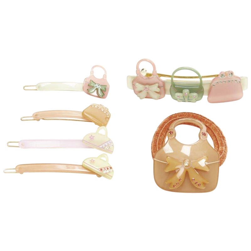 CHIC & MODE Alexandre Zouari pastel cystal bow purse acrylic hair clip tie X6 For Sale
