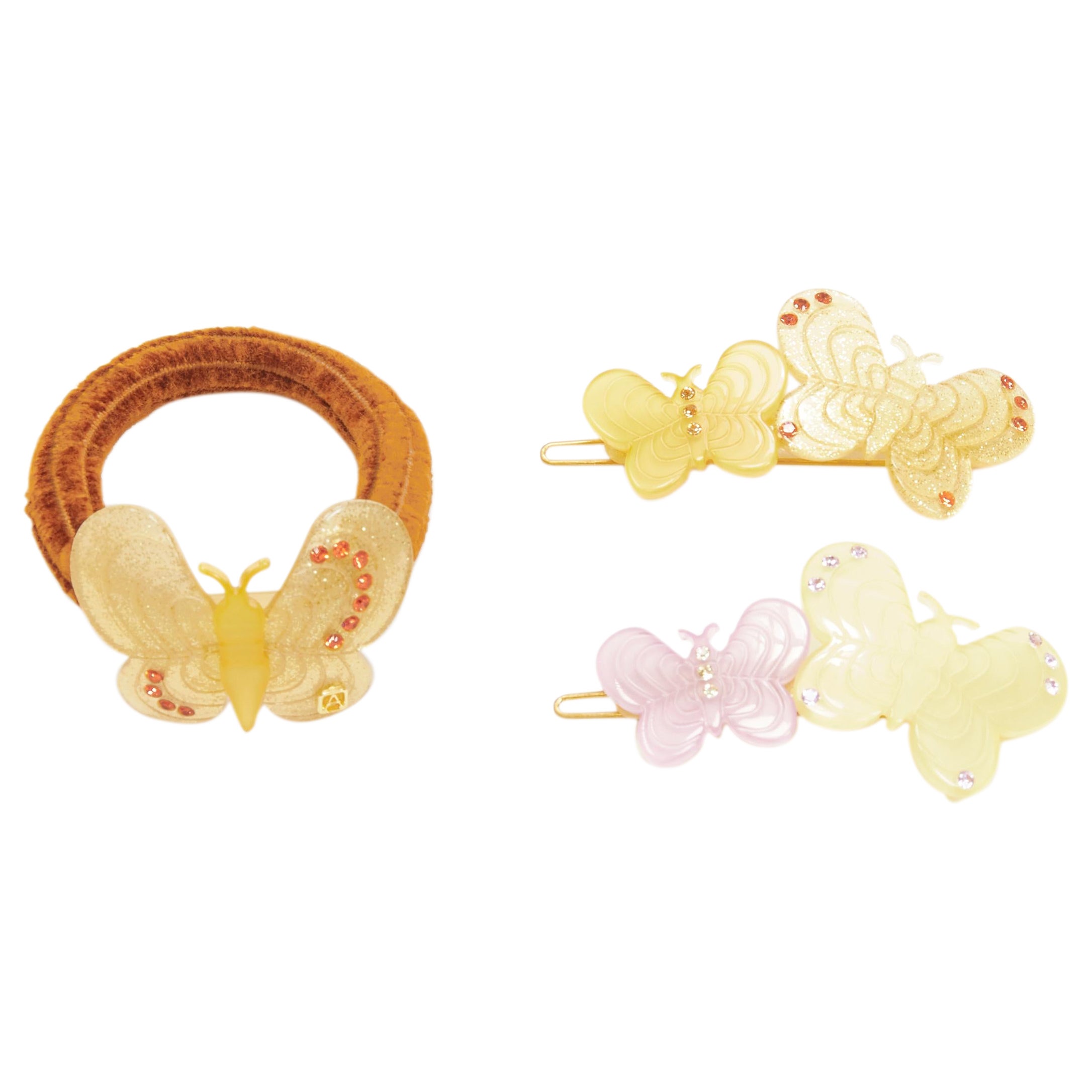 CHIC & MODE Alexandre Zouari yellow pastel crystal butterfly acrylic clip tie X3 For Sale