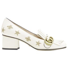 GUCCI Marmont Bee Star bianco oro ricamo frangia blocco mocassino EU36.5