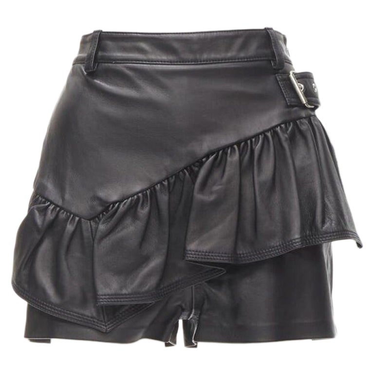 3.1 PHILLIP LIM black leather ruffle biker buckle high rise shorts US0 XS en venta