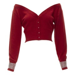 ALEXANDER WANG - Cardigan à poignets de cristaux en maille nude rouge à épaules décalées S