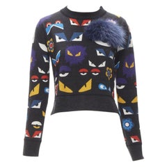 FENDI Monster Bug Eye blue fox fur trim dark grey cropped wool sweater S