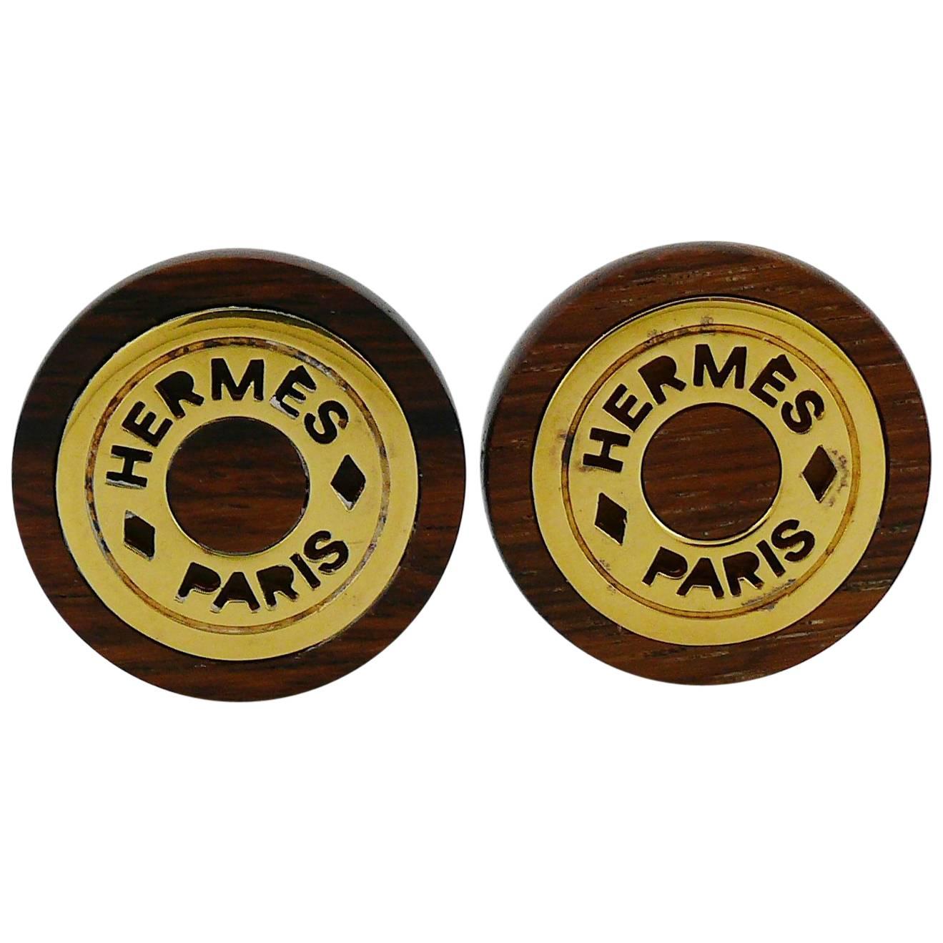 Hermes Vintage Wood and Gold Plated Clip-On Earrings