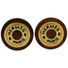 Hermes Vintage Wood and Gold Plated Clip-On Earrings
