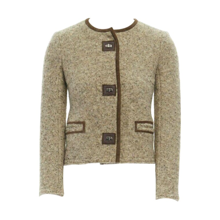 ISABEL MARANT Kios brown virgin wool boucle suede trimmed twist lock jacket FR36