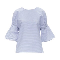 TIBI blue white striped cotton bell sleeves flared back top XS