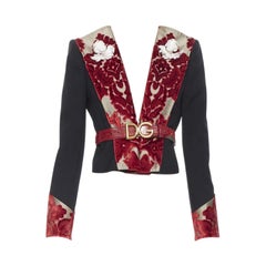 DOLCE GABBANA black wool gold red velvet cherub brooch belted blazer IT40