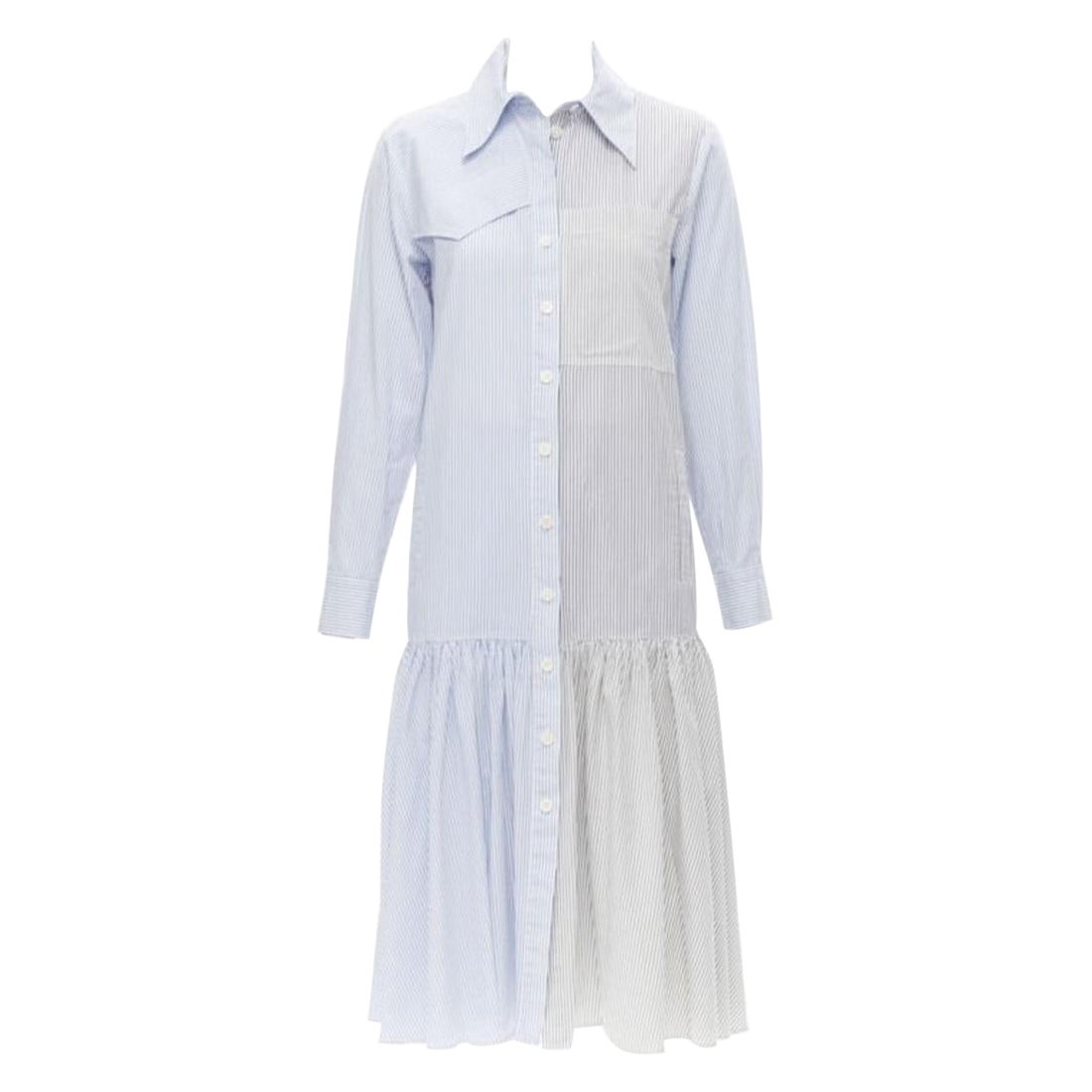 TIBI blue grey striped cotton asymmetric pockets flutter skirt shirt dress XS