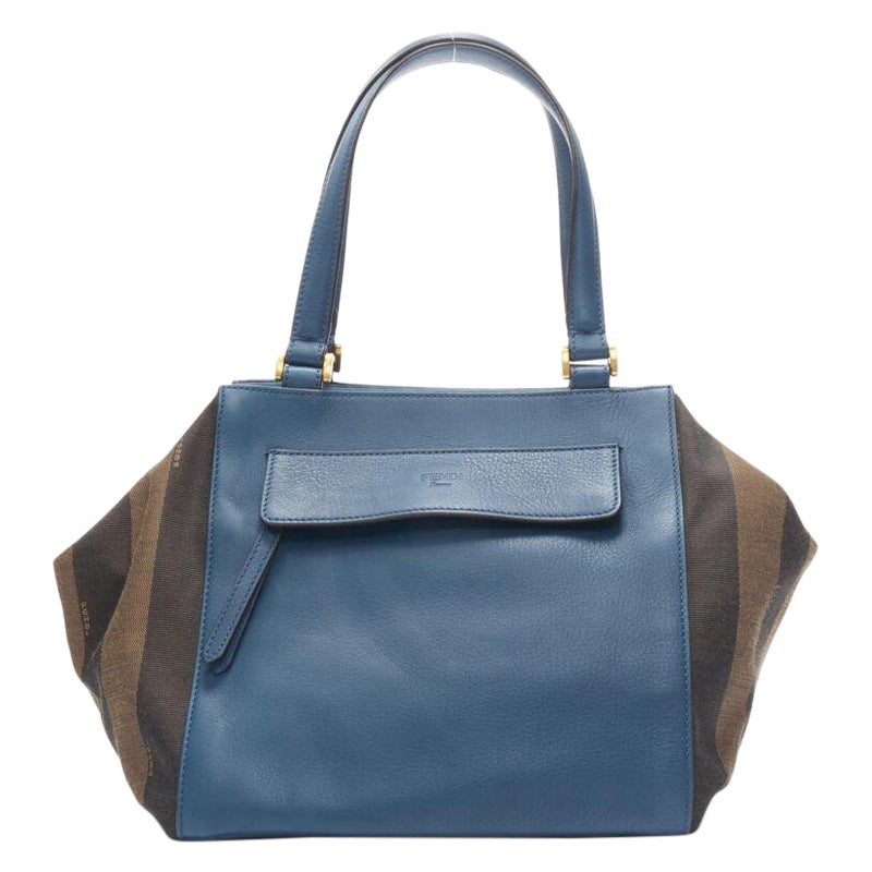 FENDI navy blue leather Penguine stripe canvas flared side tote bag