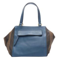 FENDI navy blue leather Penguine stripe canvas flared side tote bag