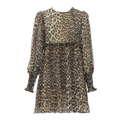 GANNI abito babydoll svasato a pieghe con stampa leopardata marrone FR36 S