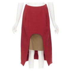 MARNI red wool brown silk lining curved hem midi skirt IT40 S