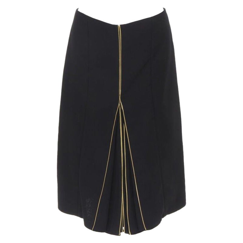 MARNI black wool gold piping flared vent knee skirt IT40 S For Sale