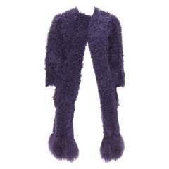 MIU Manteau violet à manches 3/4 en fourrure de mouton bouclée avec ourlet contrasté IT36 XS
