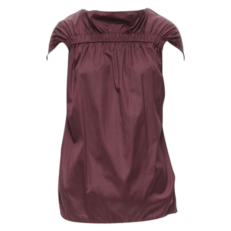 MARNI burgundy red cotton elasticated ruched cap sleeve boxy top IT38 XS For Sale