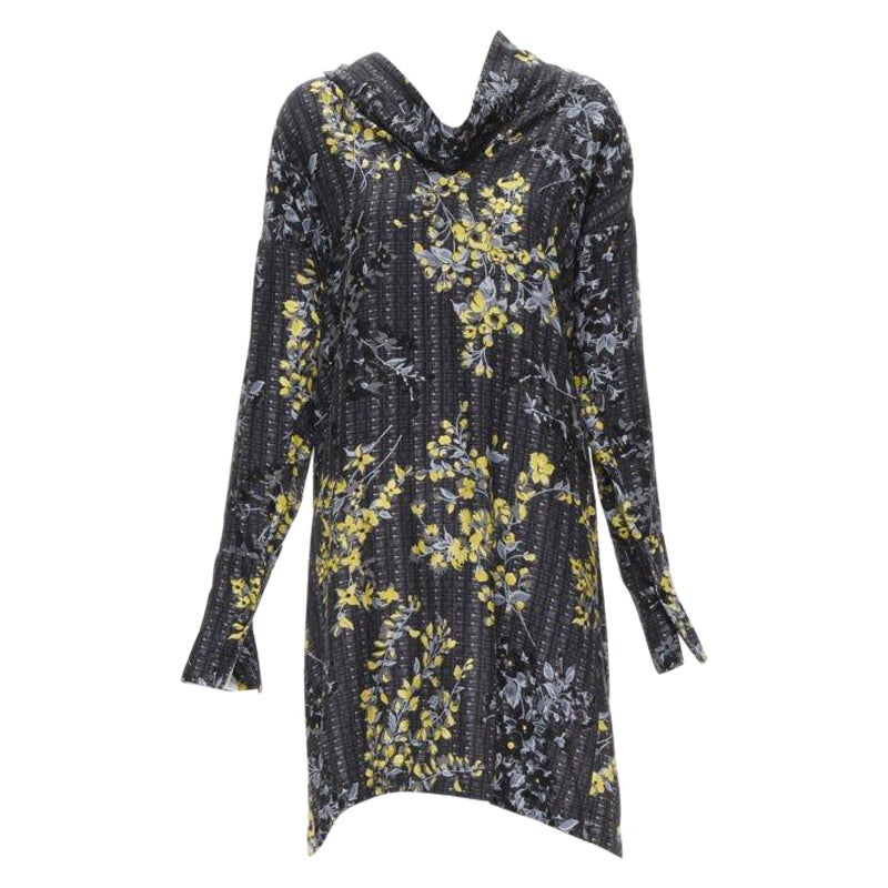 MARNI grey geometric yellow floral print cowl neck 100% silk dress IT38 XS For Sale