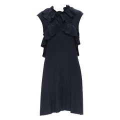 MARNI navy blue silk crepe cross ruffle trim knee lenth dress IT40 S
