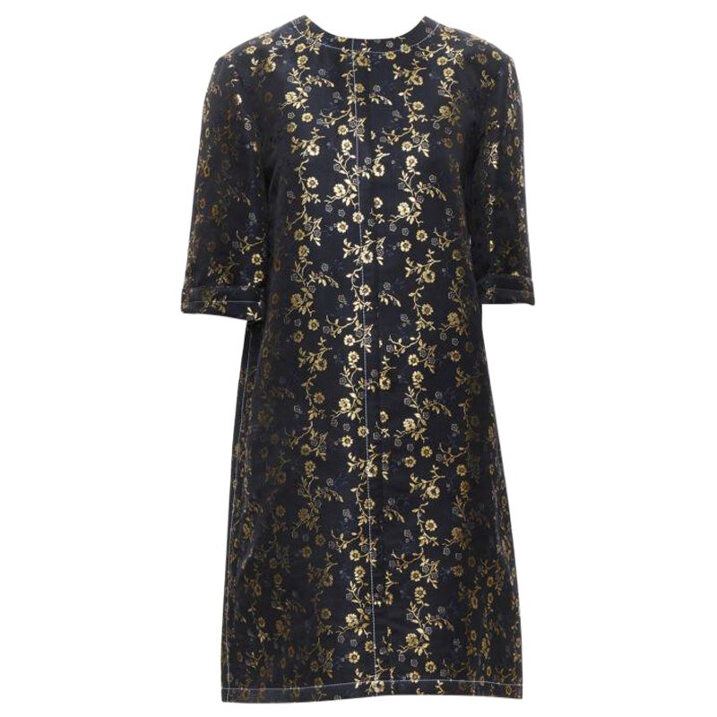 MARNI 2019 black gold blue floral jacquard cuffed sleeve trapeze dress IT40 S For Sale