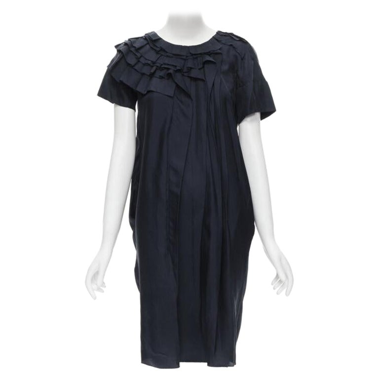 MARNI navy blue 100% silk ruffle neckline short sleeve silk dress IT38 XS For Sale