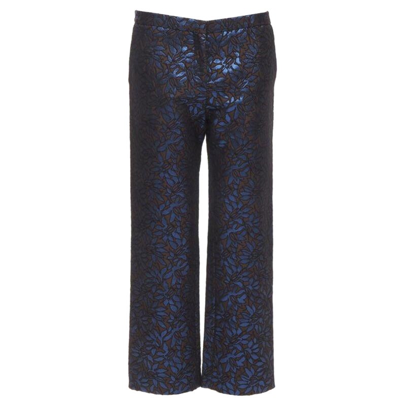 MARNI metallic blue brown floral jacquard wide leg trousers pants IT42 M For Sale