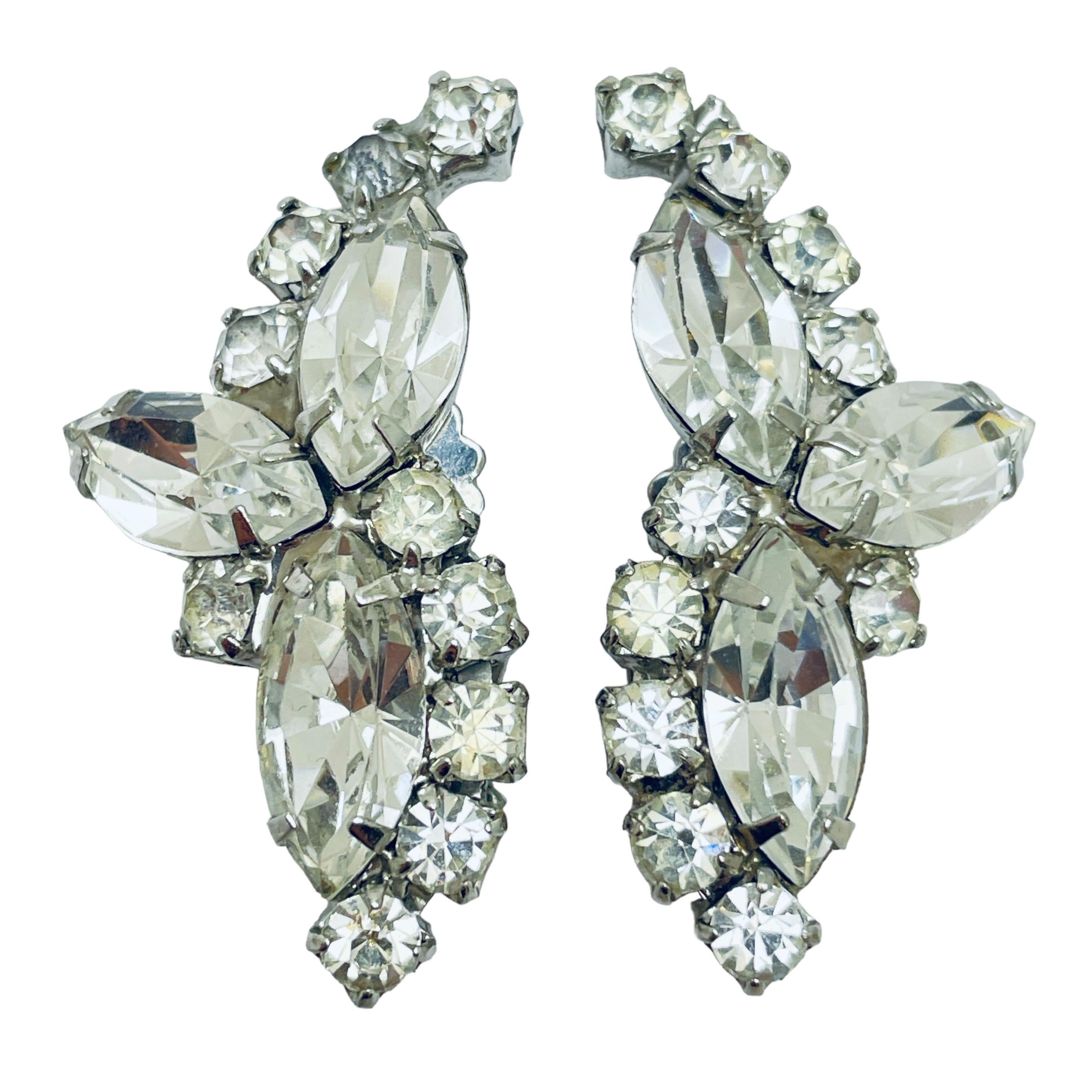 Vintage silver rhinestones designer clip on earrings