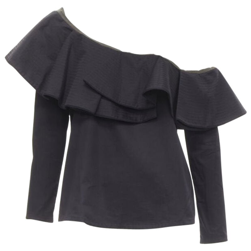 JOHANNA ORTIZ Lazarote black cotton mesh yoke ruffle off shoulder top US2 XS For Sale