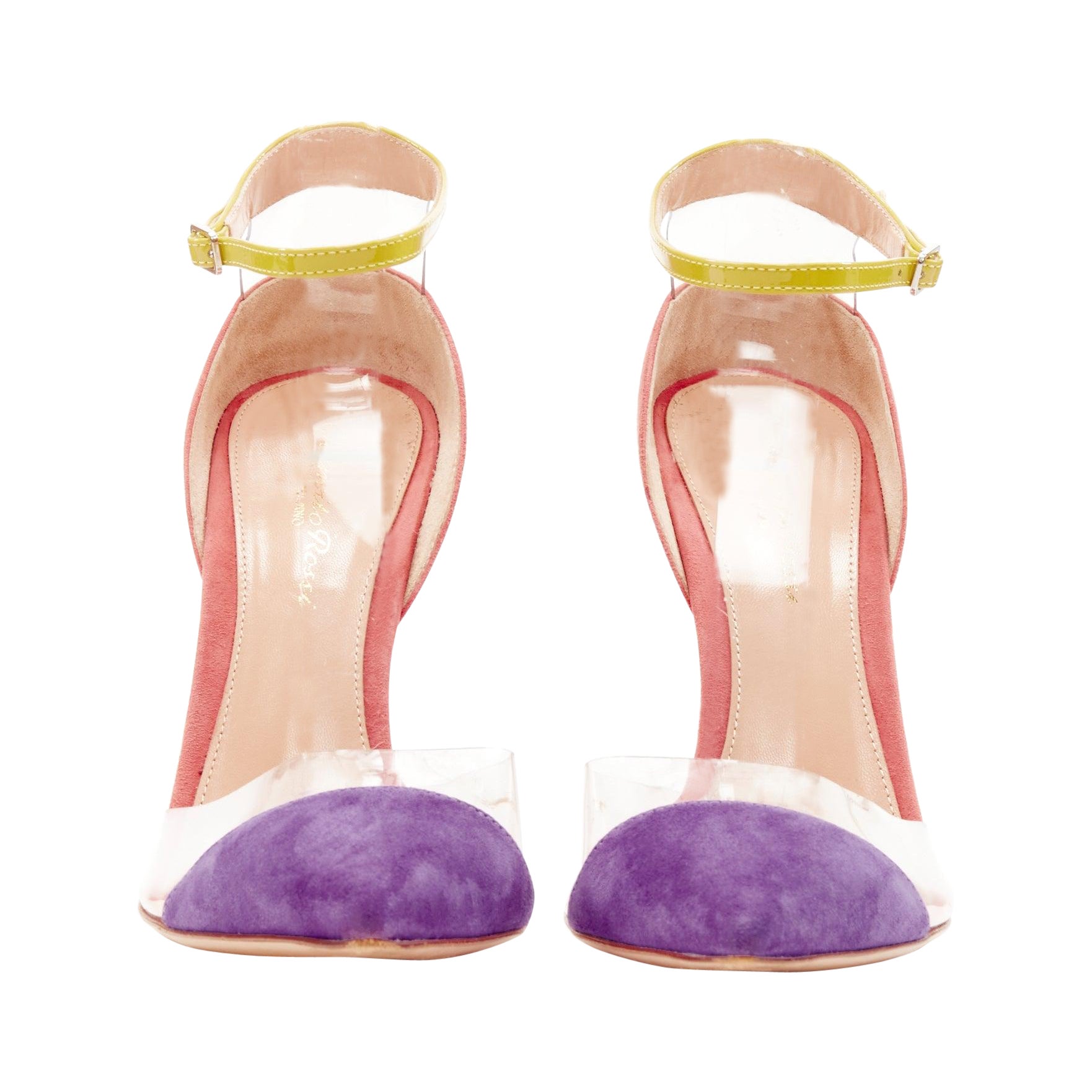 GIANVITO ROSSi Plexi purple pink suede yellow ankle strap PVC pump EU38
Reference: KEDG/A00134
Brand: Gianvito Rossi
Model: Plexi
Material: PVC, Suede
Color: Purple, Pink
Pattern: Solid
Closure: Ankle Strap
Lining:  Leather
Made in: