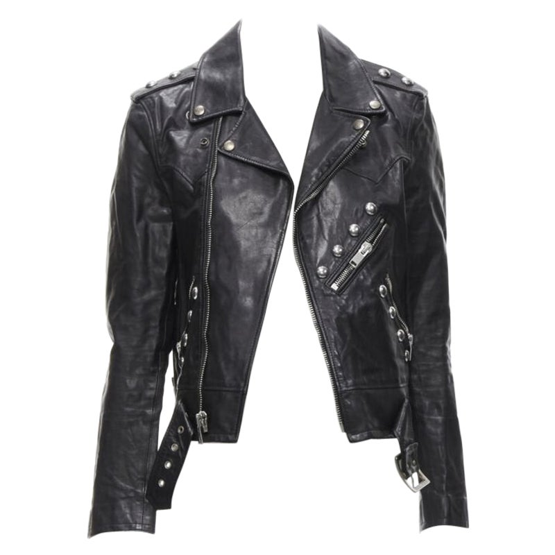 SAINT LAURENT Hedi Slimane 2014 Schwarzes Vintage-Bikerjacke aus Kalbsleder mit Nieten FR38 XS im Angebot