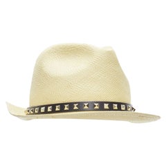 VALENTINO Rockstud beige raffia black calfskin leather studded straw hat