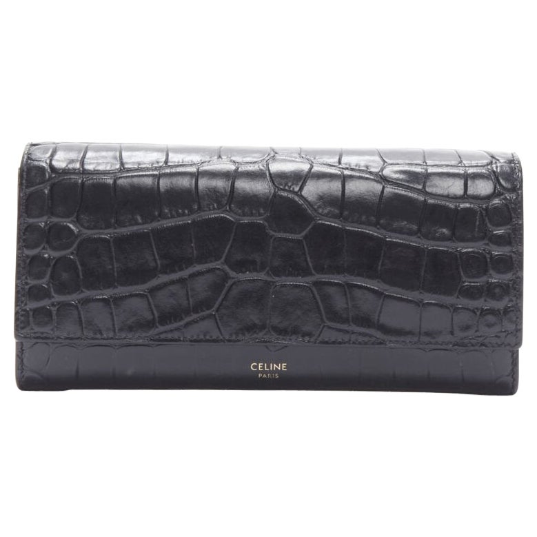 CELINE black scaled leather embossed calfskin flap front long wallet For Sale