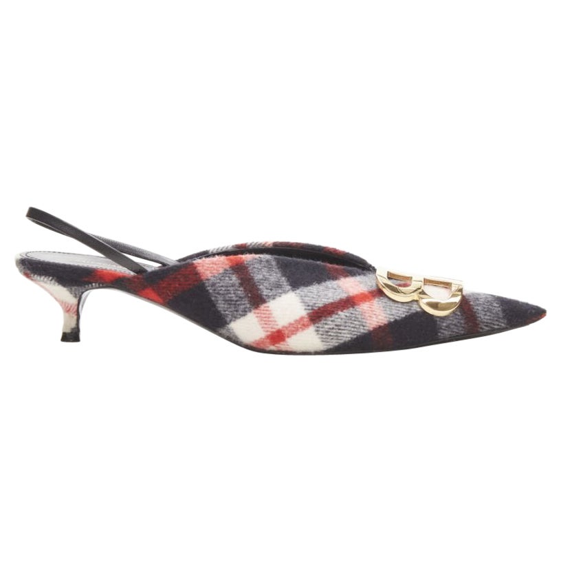 BALENCIAGA BB Knife logo oro rosso nero plaid lana sling kitten pump EU38.5