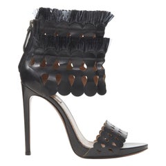ALAIA black squiggle cut out raffia fringe platform high heel sandals EU38
