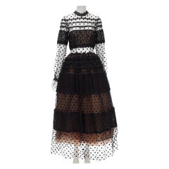 COSTARELLOS black polka dot devore embroidery trim tulle gown dress FR38 M