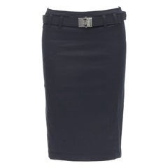 PRADA 2006 navy cotton silver logo belt knee length pencil skirt IT36 XS